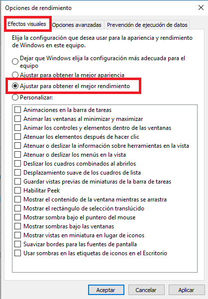 Efectos visuales de Windows 10, deshabilitar