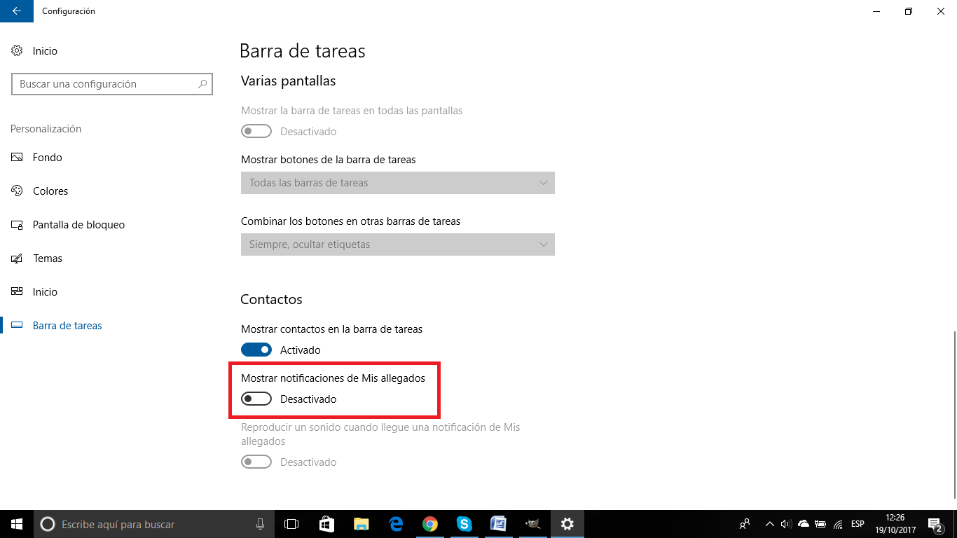 desactivar las notificaciones de contactos de la barra de tareas de windows 10