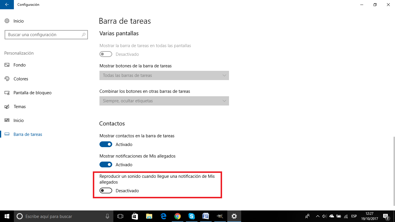 como deshabilitar las notificaciones sonoras de la barra de tarea de windows 10