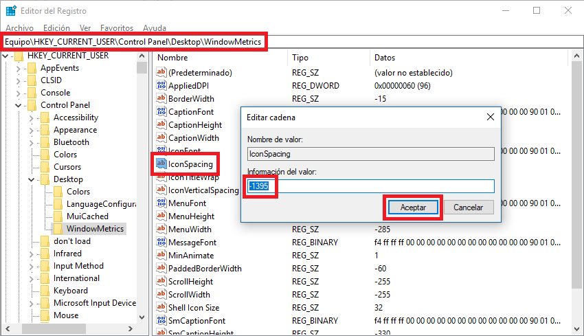 aumentar el espacio entre iconos en el escritorio de Windows 