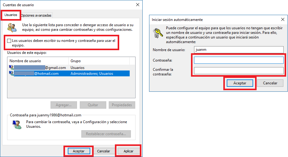 desactivar los contraseñas para iniciar sesión en Windows 10 Fall Creators