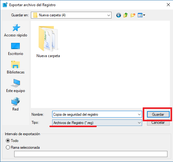 guardar la copia de seguridad del registro de Windows 10