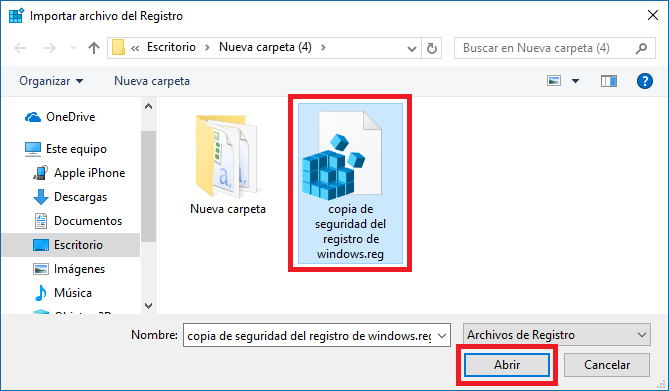 como restaurar una copia de seguridad del registro de Windows 10