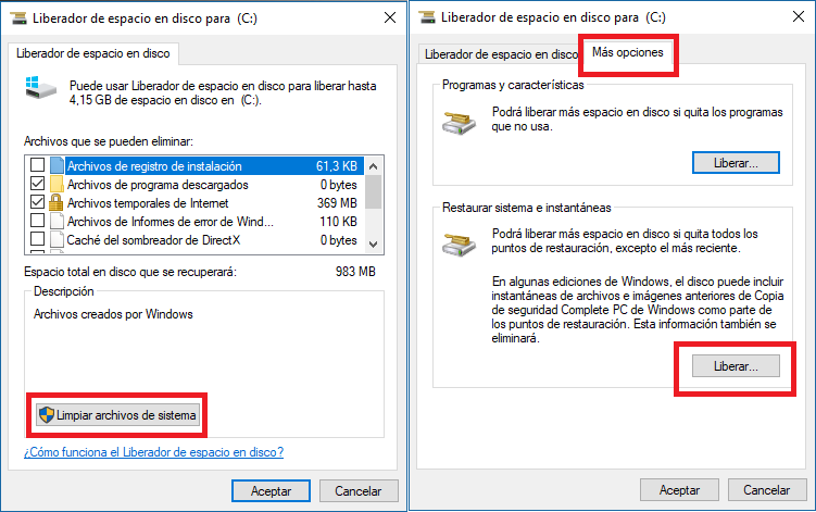 borrar los puntos de restauración en Windows 10