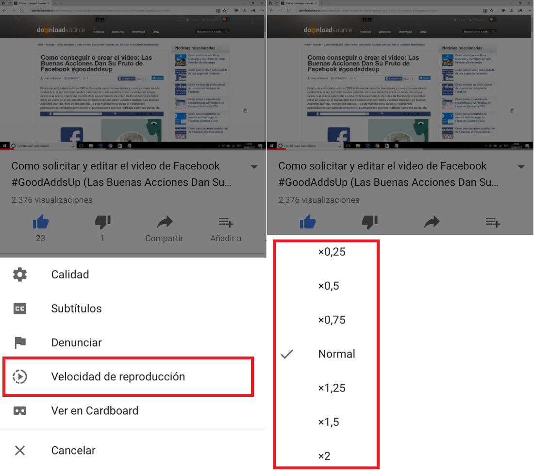 modificar la velocidad de reproducción de los videos de Youtube en la app Android o iOS