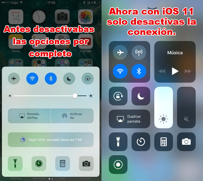 los iconos de wifi y bluetooth no desactiva las opciones en iOS 11