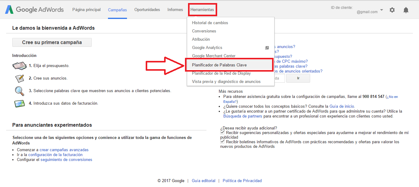 crea una cuenta nueva de Adwords sin metodos de pago