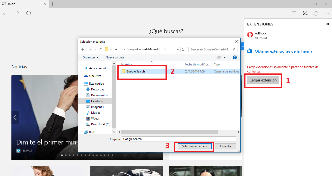Instalar extensiones externas a la tienda de Windows para el navegador Micrsoft Edge