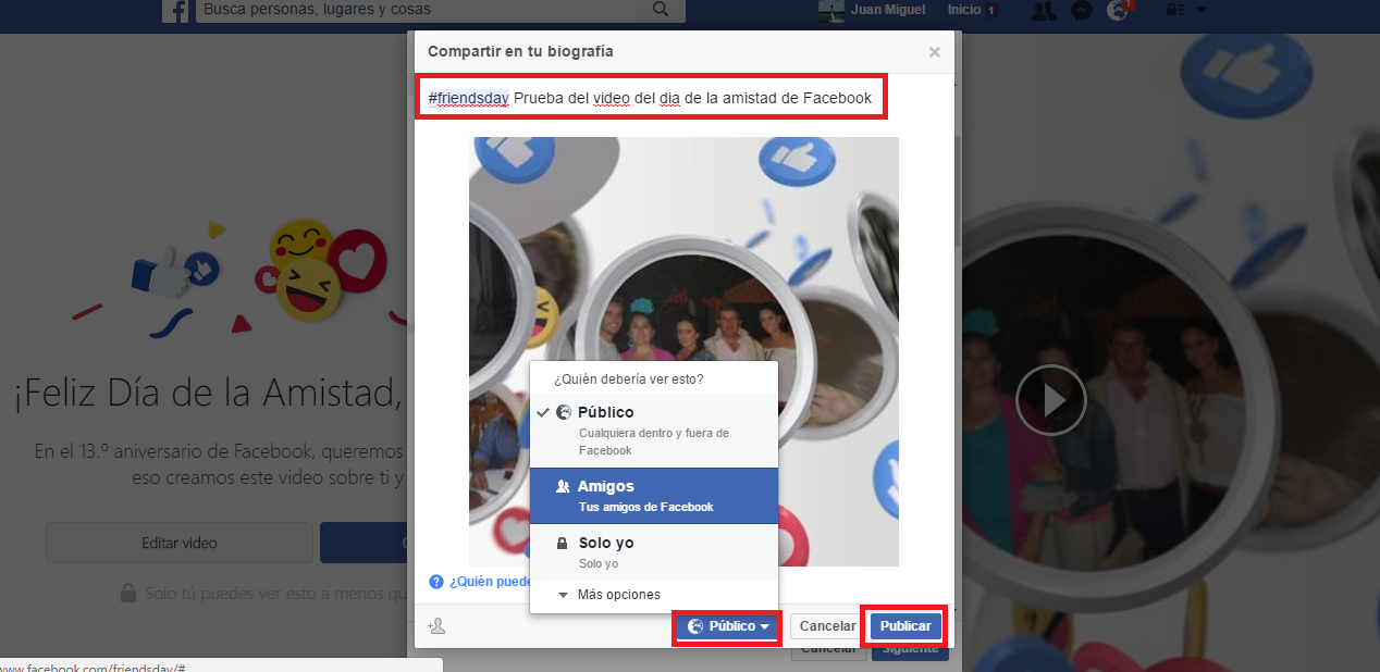 personalizar las fotos y amigos del video de la amistad en Facebook.