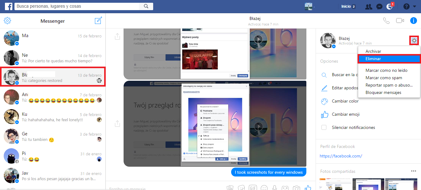 borrar una conversacion completa de Facebook Messenger desde la version Web