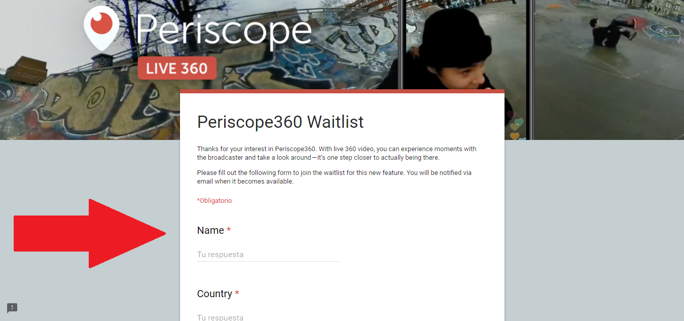 formulario para solicitar la activacion de la función de video live 360º de Periscope