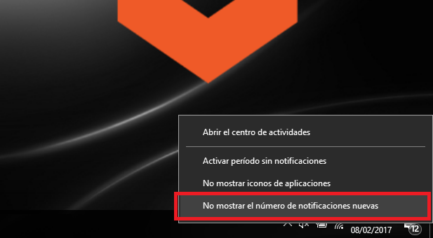 ocultar el numero de notificaciones del centro de actividades de Windows 10