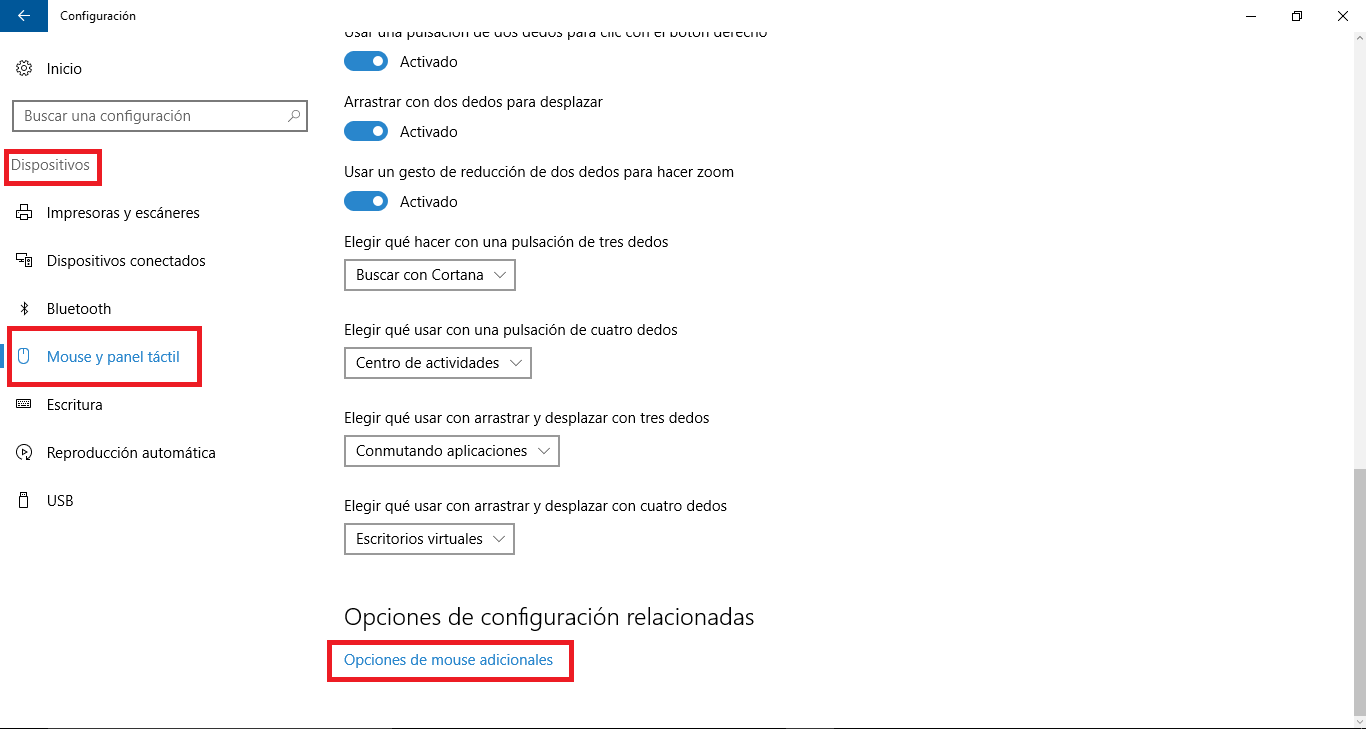 restablecer ajustes del raton tactil en windows10