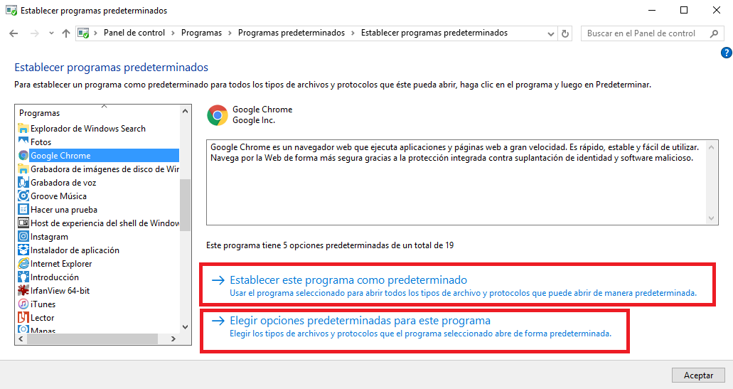 como solucionar problema con programas predeterminados en Windows 10