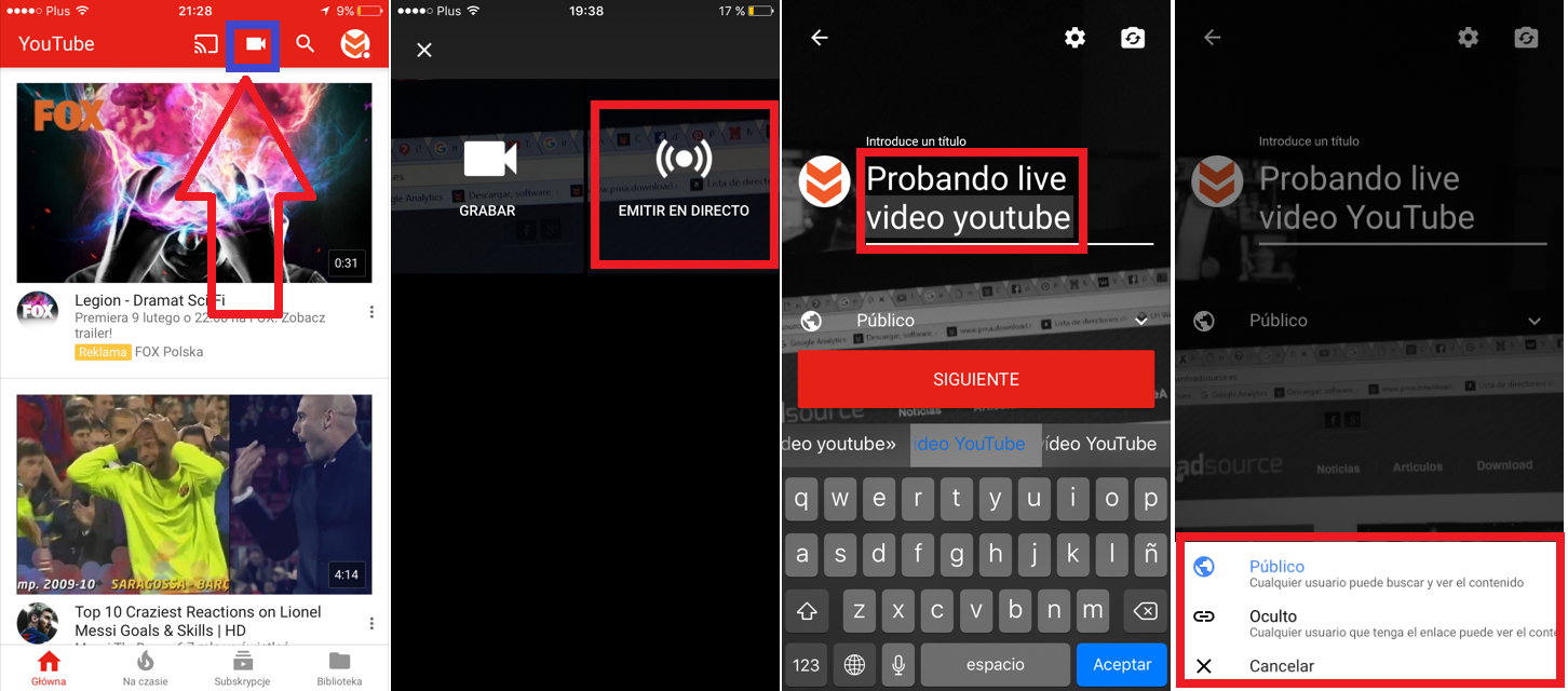 Video en directo en youtube desde tu telefono Android o iOS