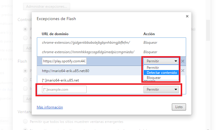 permitir o no el contenido flash de sitios Web en chrome