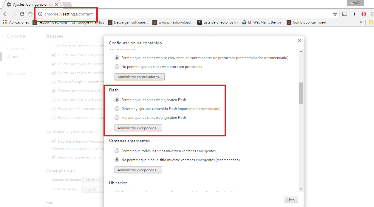 flash de contenido de google chrome controlar