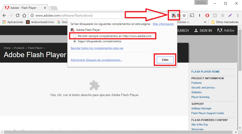 Google chrome te permite decidir si ejecutar o no el contenido flash de una web