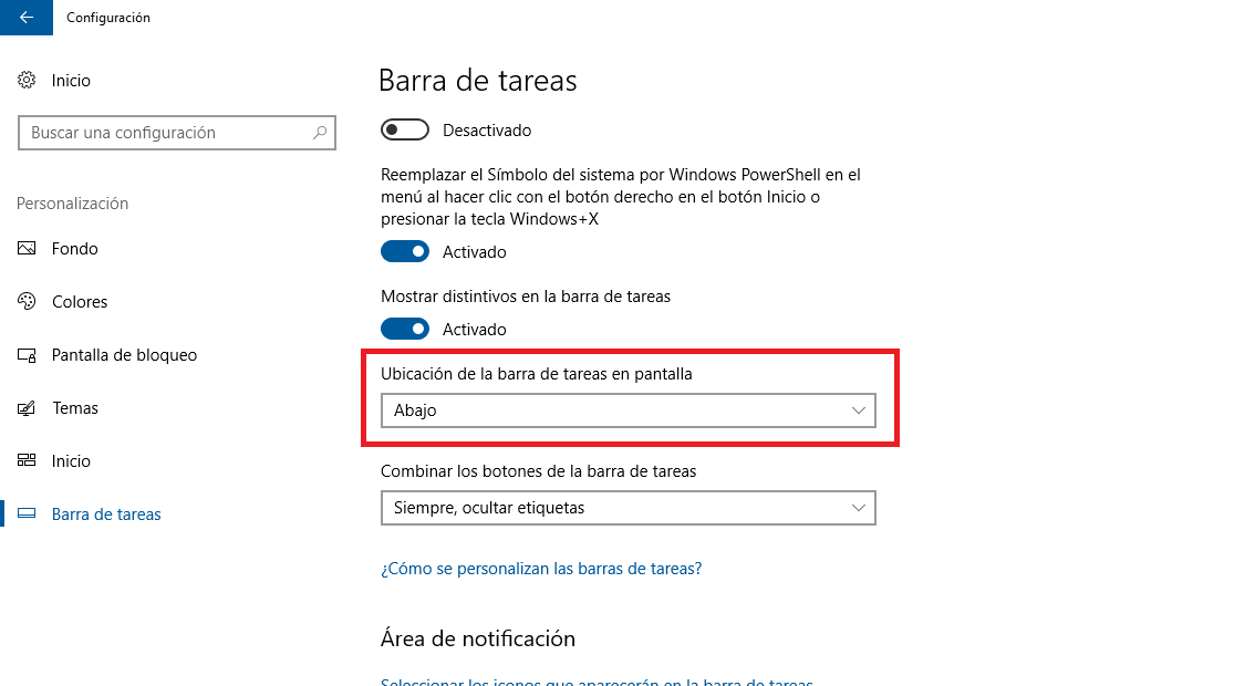 cambiar la barra de tareas de posición en windows 10