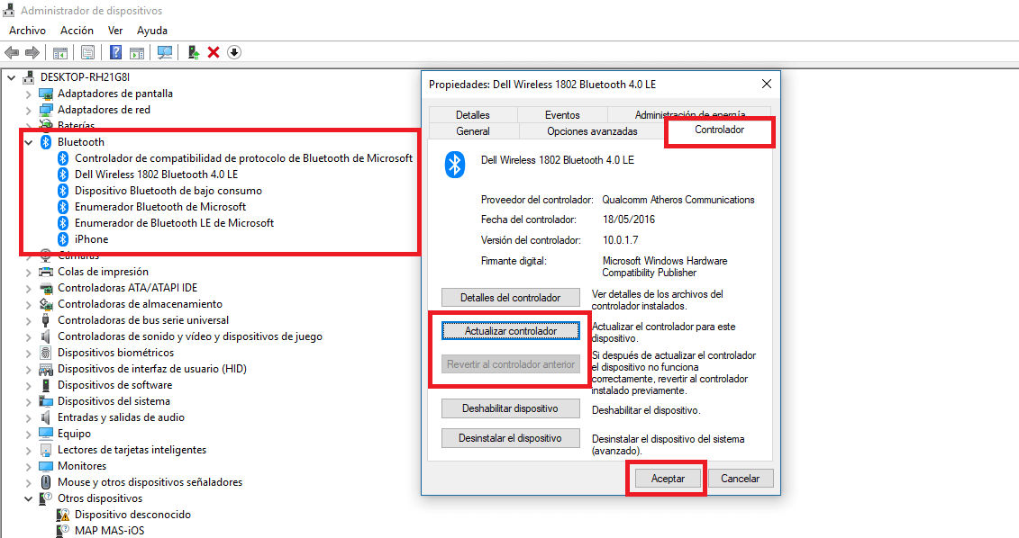 falta la opción de bluetooth en windows 10