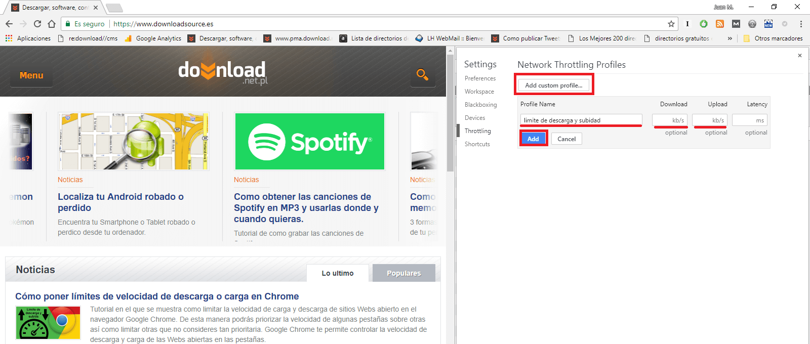personalizar la velocidad de descarga y subida en Google chrome