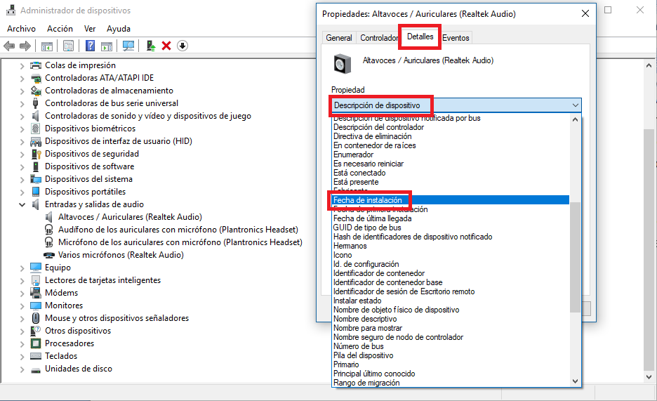 fecha de instalación de un controlador de Windows 10