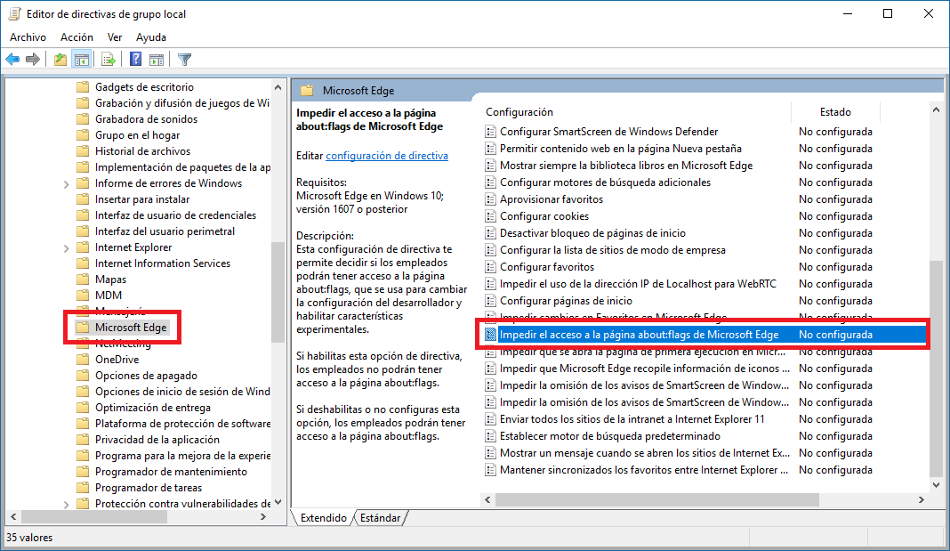 deshabilitar About:Flags en el navegador Edge en windows 10