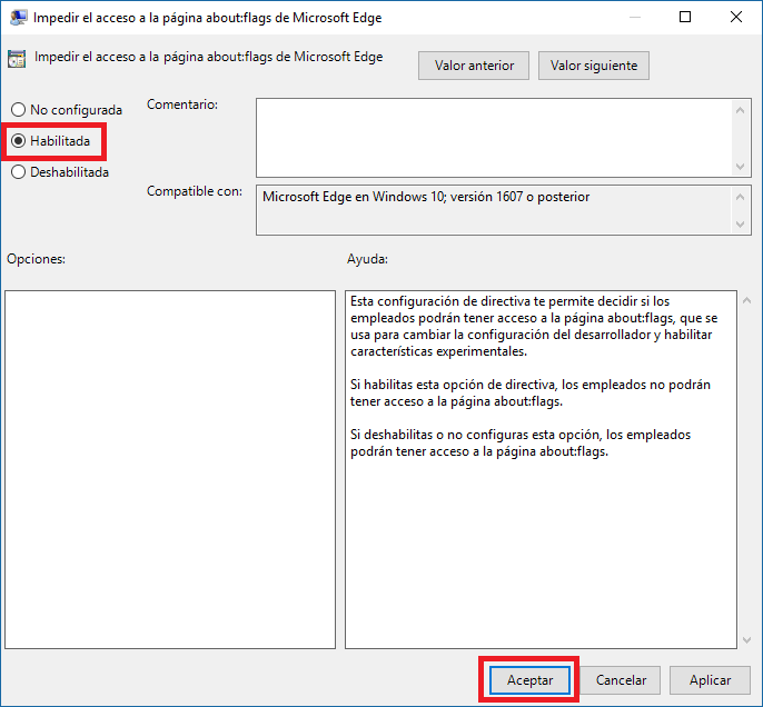 no permitir el acceso a About:Flags en el navegador Web Microsoft Edge de Windows 10