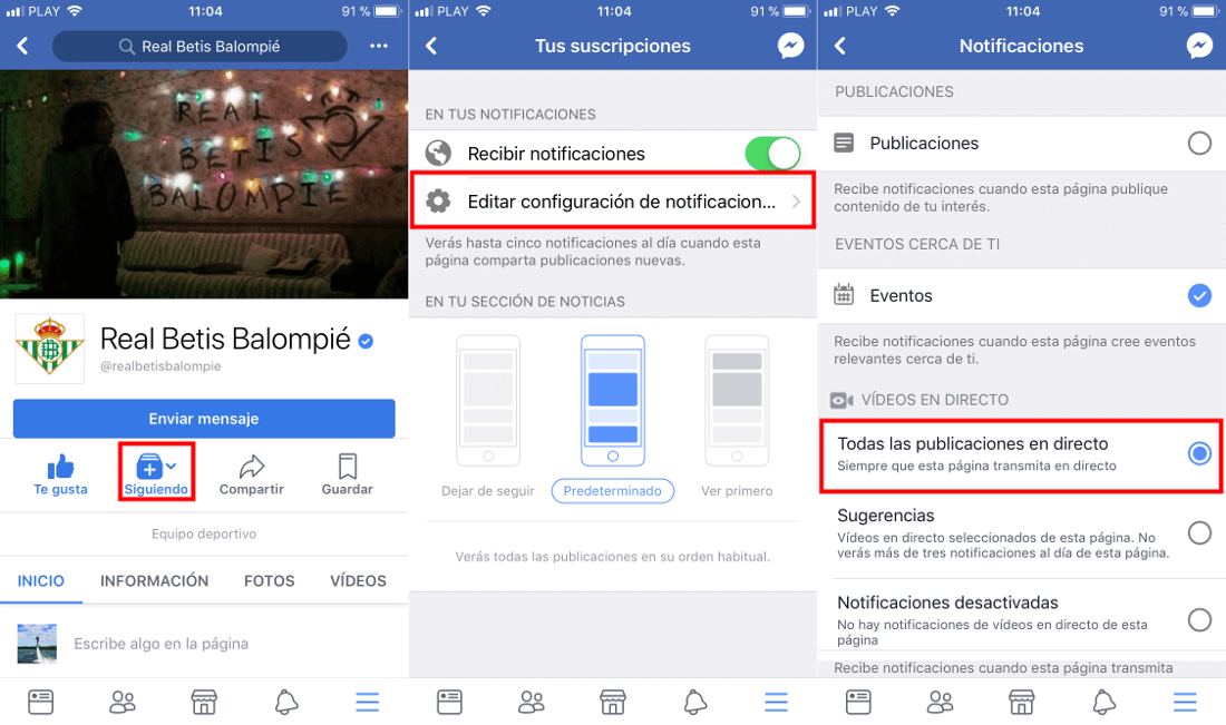 activar las notificaciones de video en directo de paginas de facebook en la app oficial