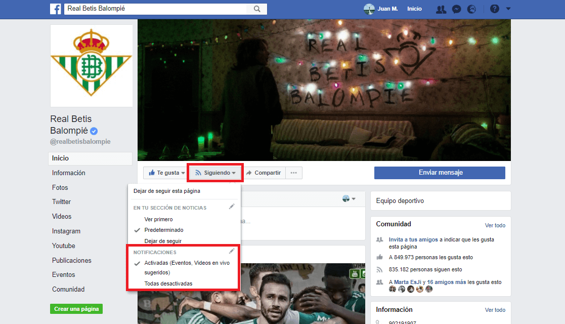 activar o desactivar las notificaciones de videos en directo de las paginas de Facebook