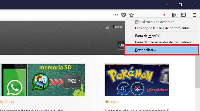 colocar el icono descarga en la barra de herramienta firefox Quantum