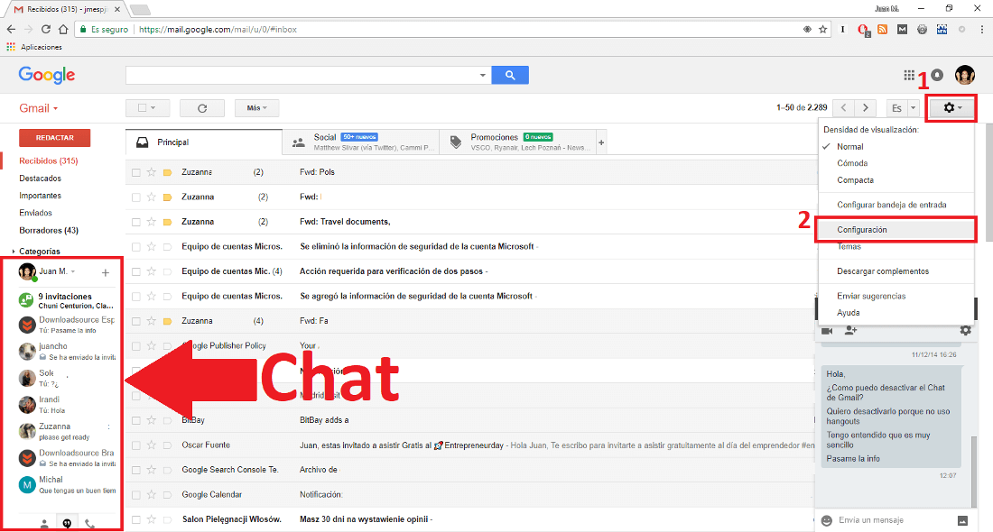 ocultar el chat en la versión Web de Gmail