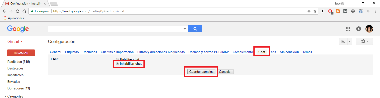 desactivar el chat de Gmail