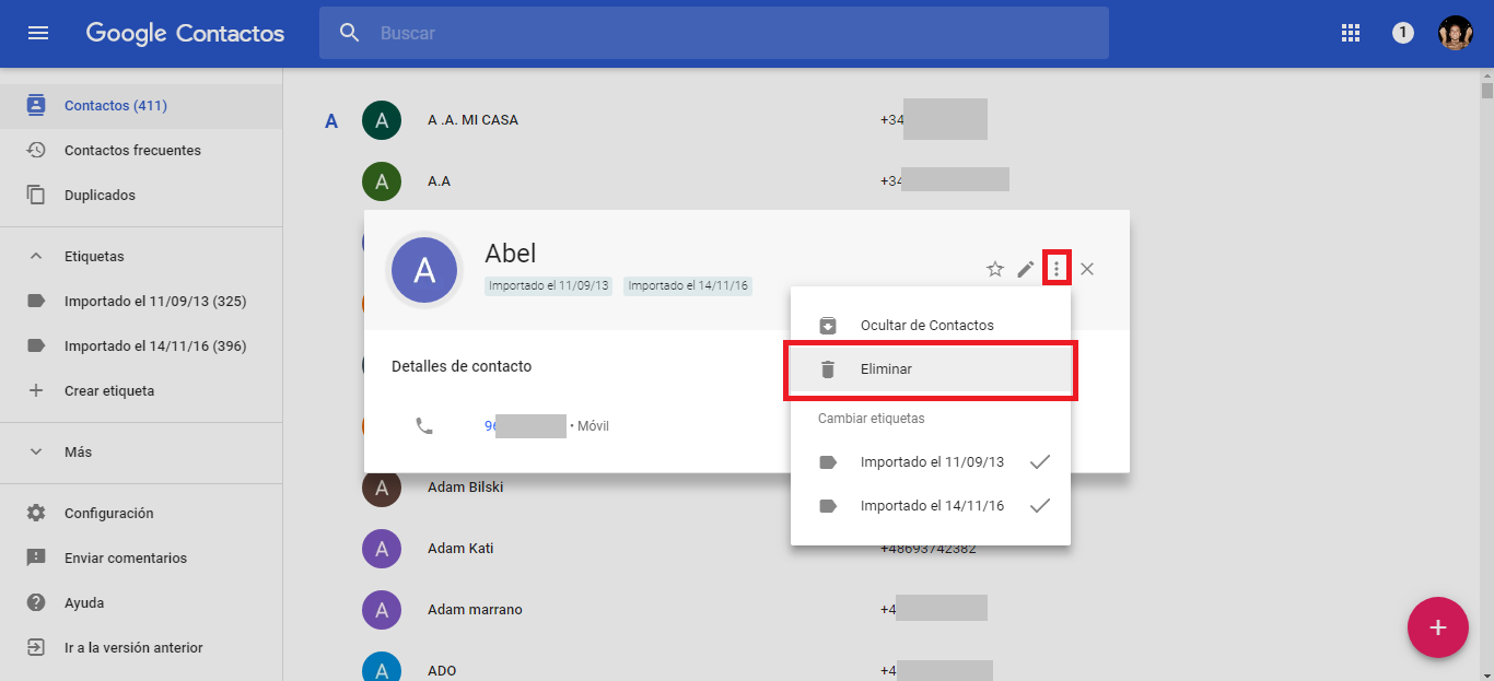 como eliminar un contacto en Gmail