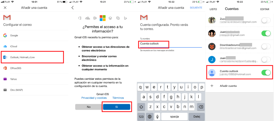 vincular la cuenta de correo electrónico de outlook a tu app de Gmail en iOS