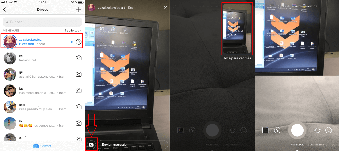 contestar a fotos de directos en Instagram con otra foto o video que incluya el recibido