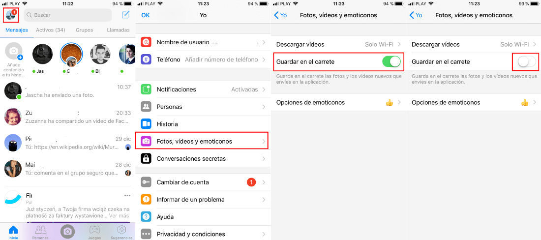 deshabilitar la descarga automática de fotos y videos en la app messenger de android e iOS