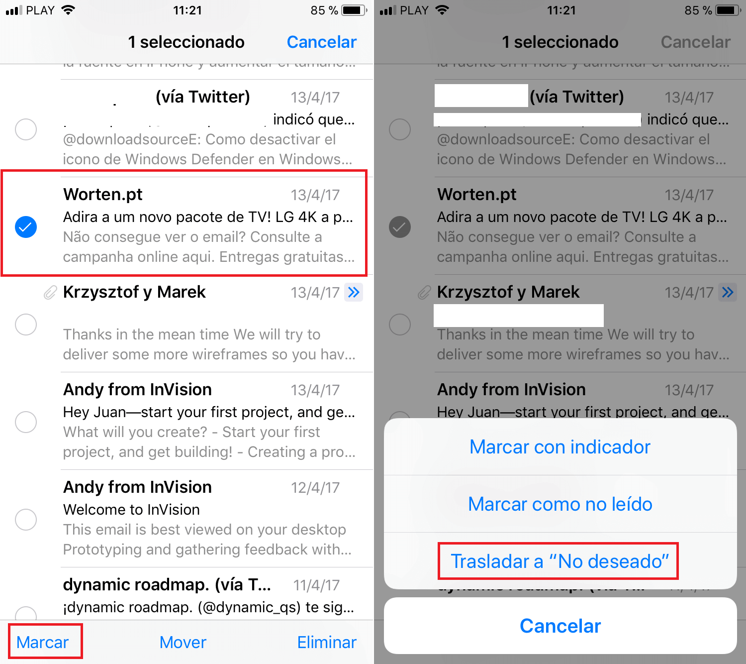 enviar los correos no deseados a la carpeta spam dentro de la app Mail de iPhone
