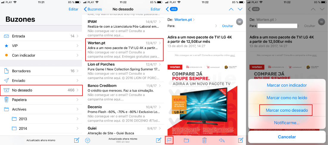 configurar la app Mail de iPhone para que los correos no deseados sean enviados a la carpeta Spam