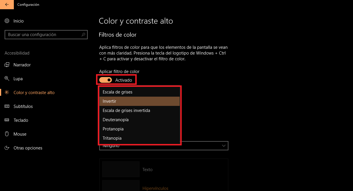 Windows 10 permite cambiar los filtros de colores para mejorar la visualización en la pantalla.