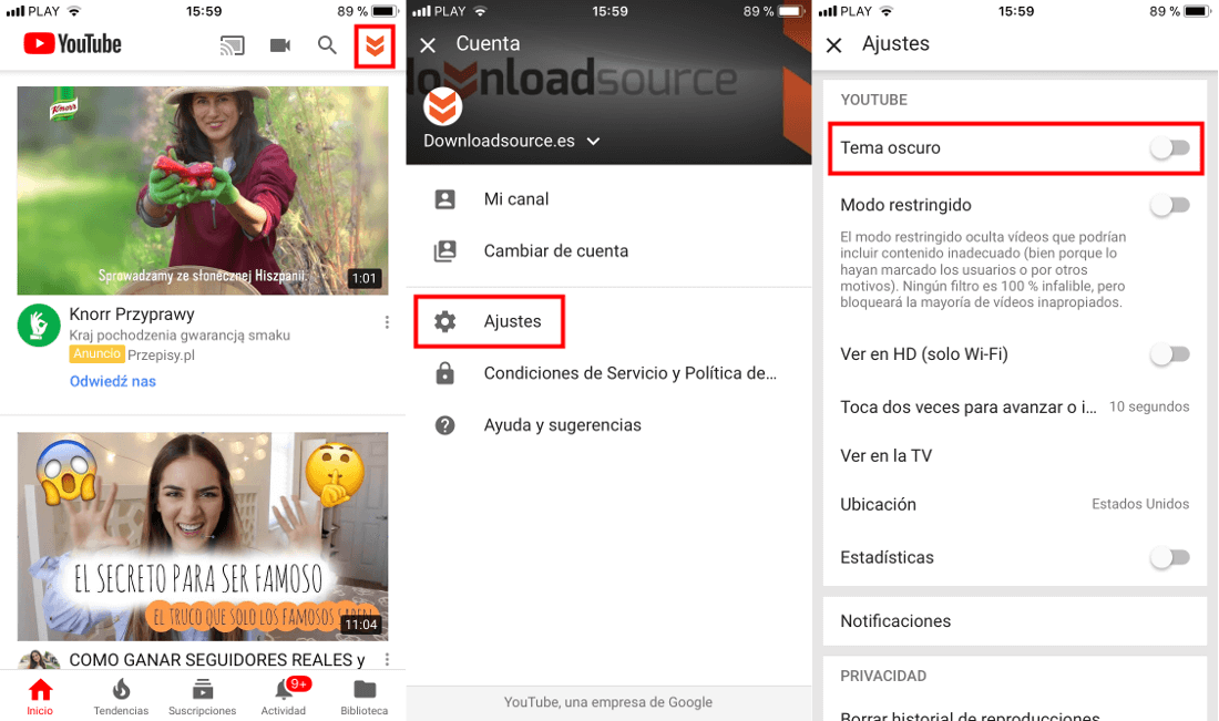 activar el modo oscuro en la app de Youtube para iPhone y Android