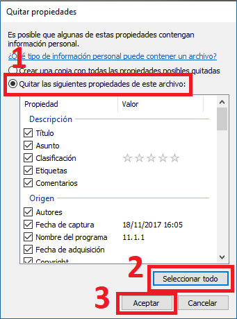 eliminar la información personal de los archivos antes de enviarlos a otros usuarios en Windows 10 y mejorar la privacidad.