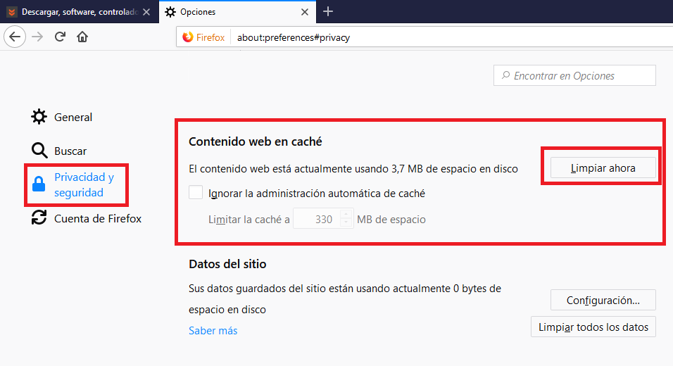 borrar toda la memoria cache de tu navegador Mozilla Firefox