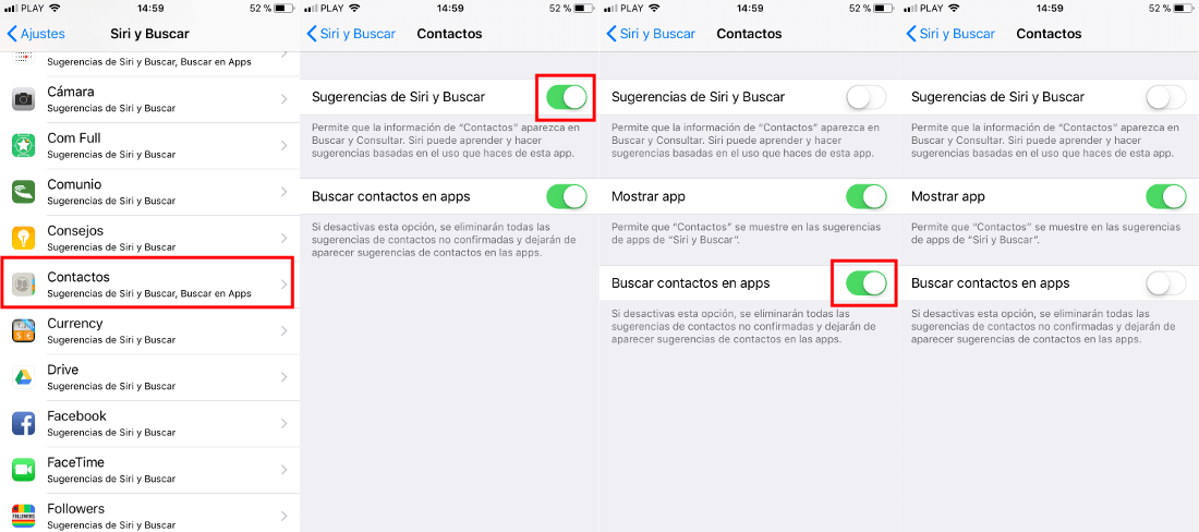 impedir que el contenido de apps aparezca en los resultados de búsqueda de Spotlight en iPhone o iPad con iOS
