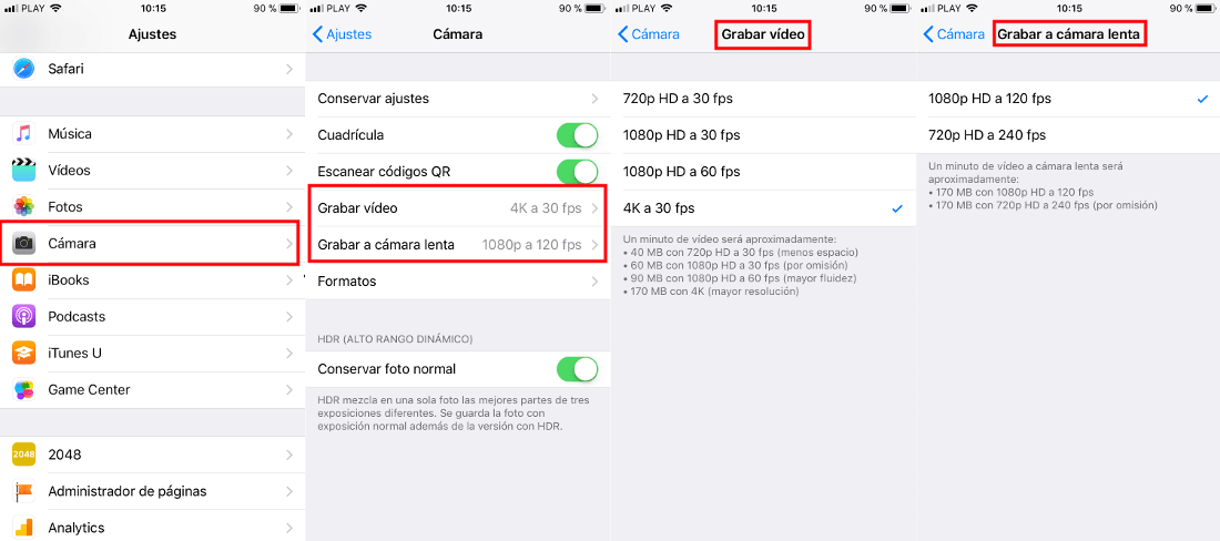 configurar la resolución y fotogramas por segundo (fps) en la camara de tu iPhone con iOS