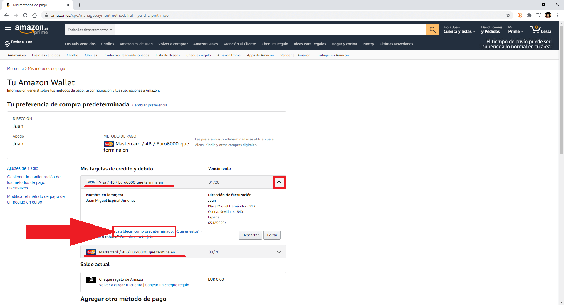 cambiar la tarjeta de crédito predeterminada en Amazon