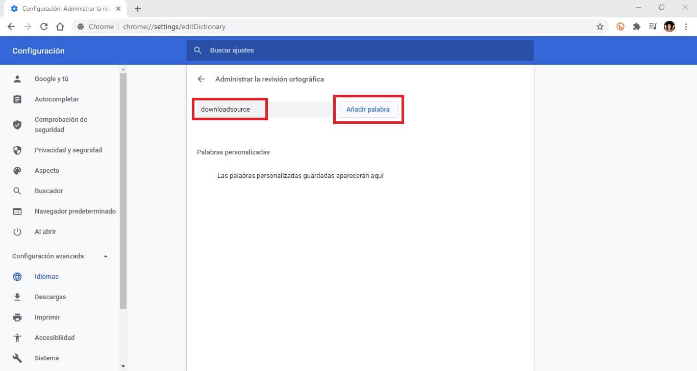 añadir exclusión de palabras en la corrección ortográfica del navegador Google Chrome