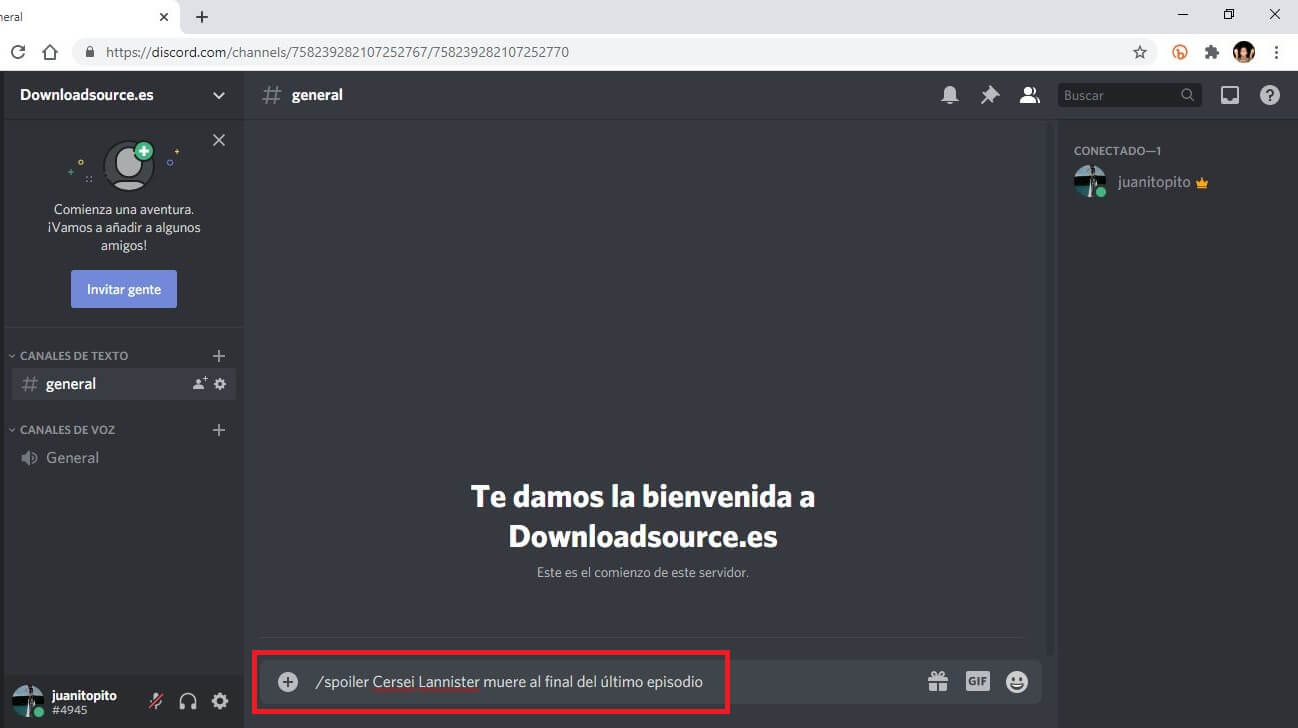 marcar un mensaje de texto como spoiler en chats de discord