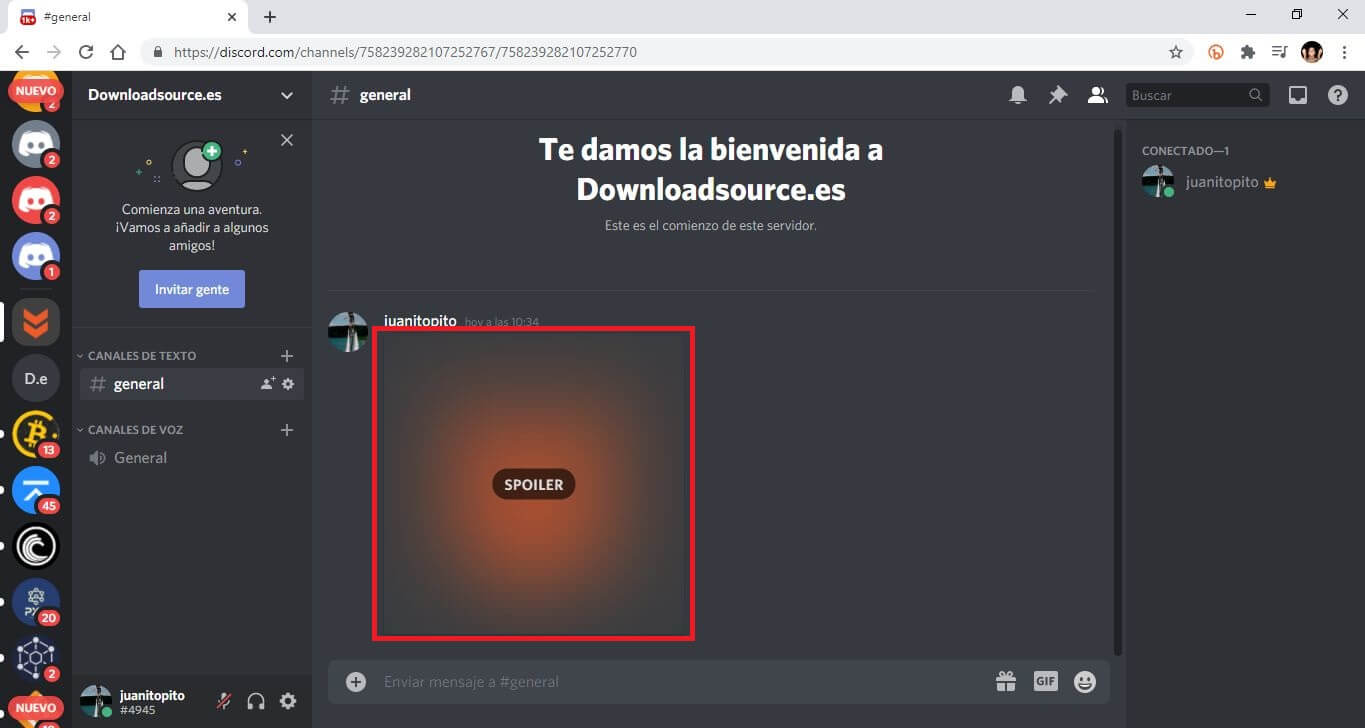 notificar a otros miembros del grupo de discord que el mensaje o archivo que mandas es spoiler