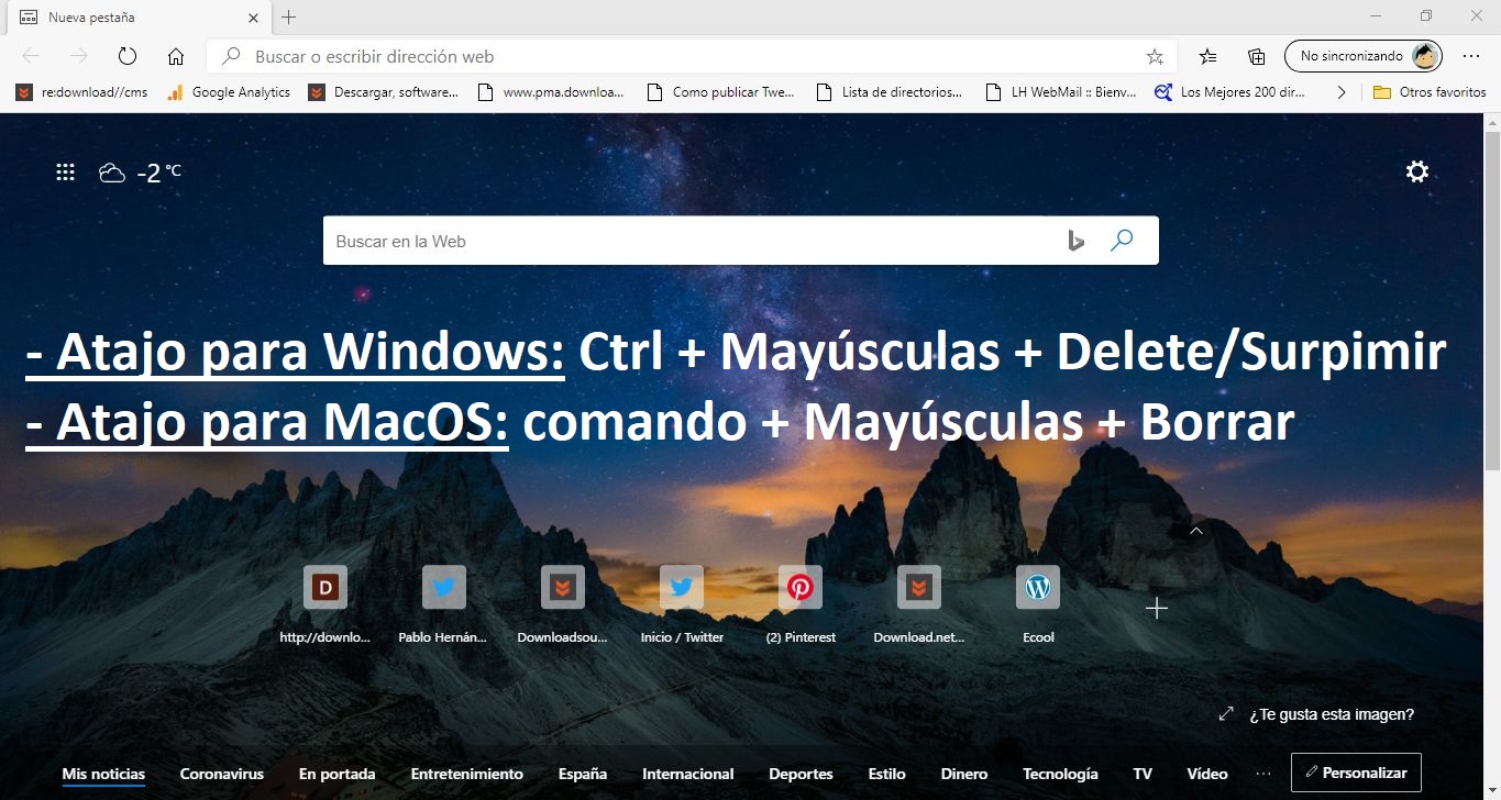 usar un atajo de teclado para borrar el historial de navegación del navegador Microsoft Edge